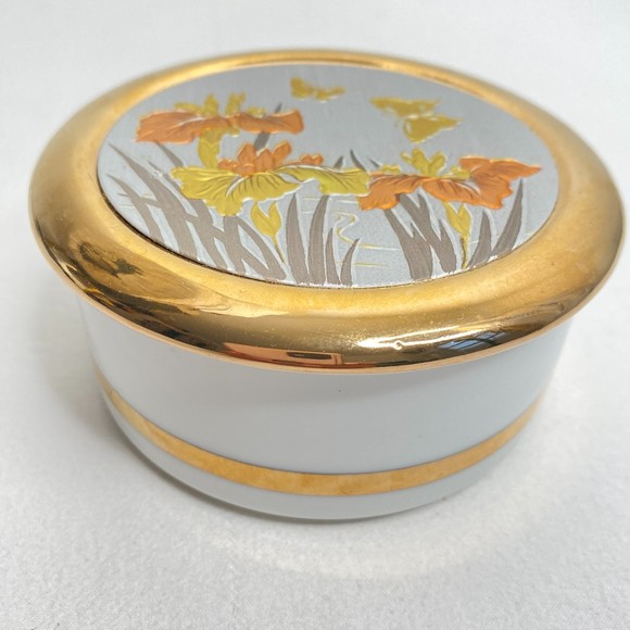 The Art Of Chokin Trinket Box Japanese Gold Trim Ceramic Bowl Engraved Lid - Picture 1 of 9